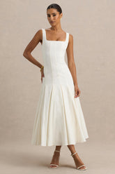 Magnolia | White Scoop-Neck Midi Dress With Drop-Waist And Ruffling Detail